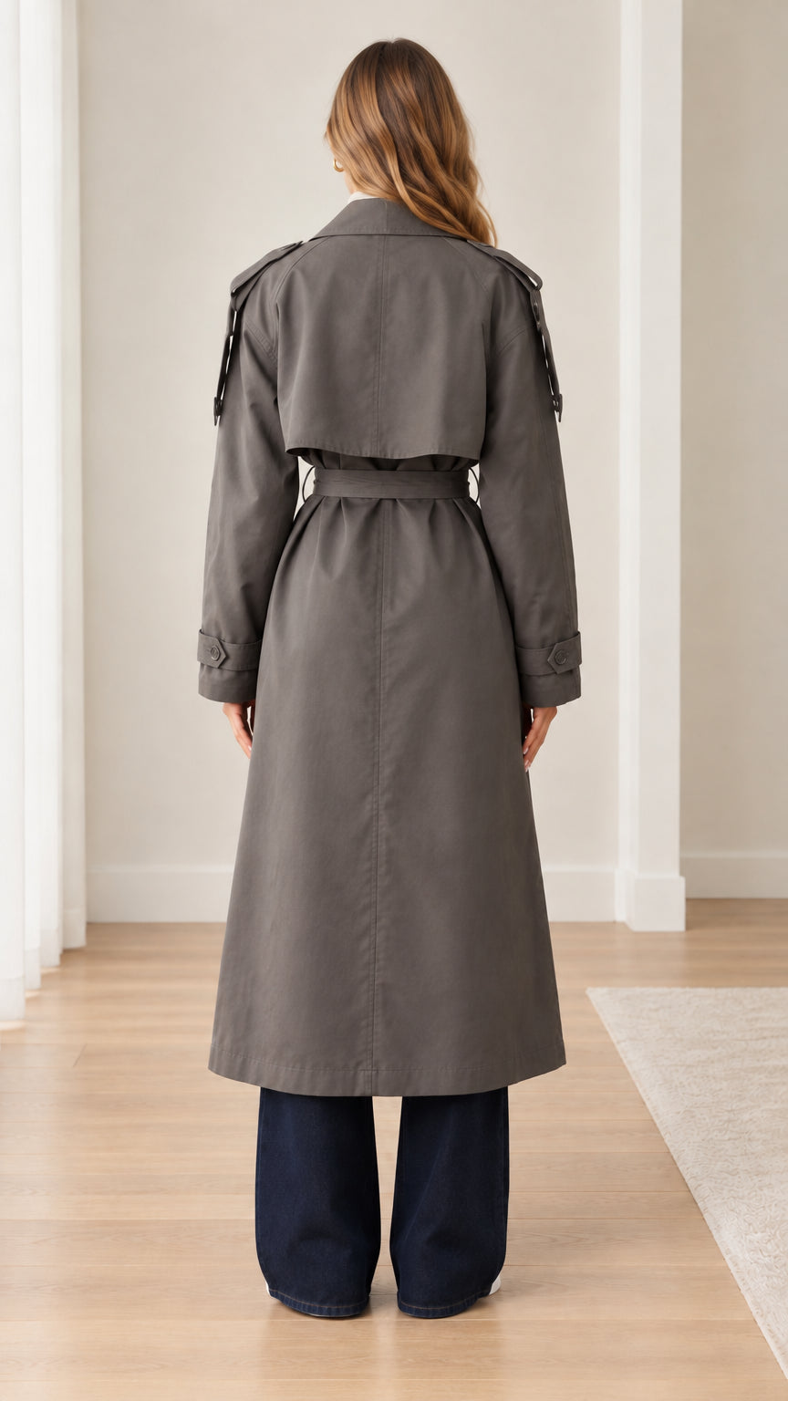Back view of model wearing dark grey trench coat showing storm flap detail