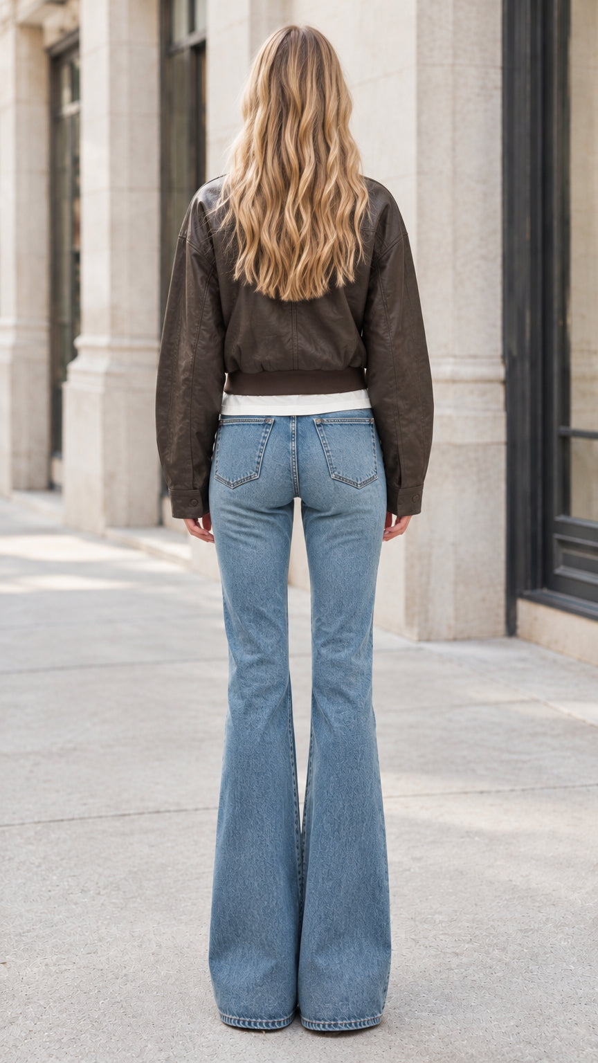 Back full view of model wearing brown cropped faux leather bomber jacket
