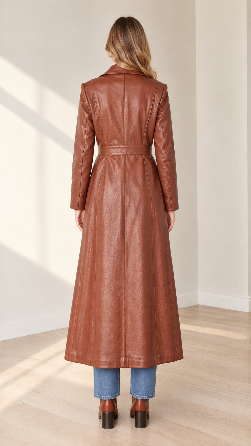 Back view of woman wearing brown faux leather maxi trench coat with tie belt