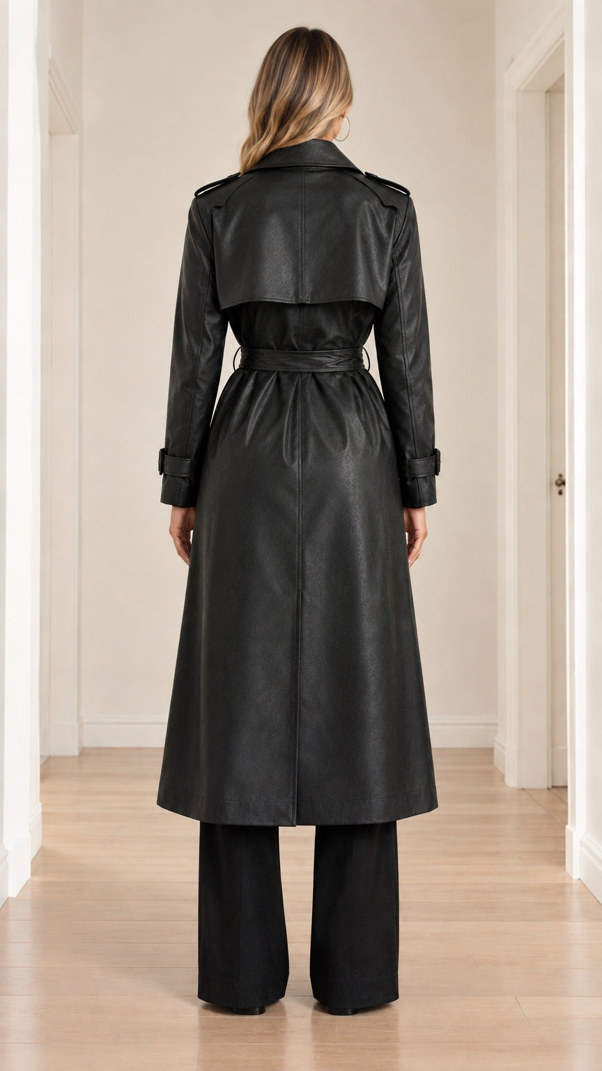 Back view of woman wearing long black faux leather trench coat showing back storm flap