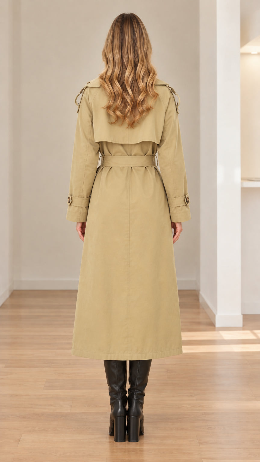 Back full-length view of khaki long trench coat showing storm flap and waist belt