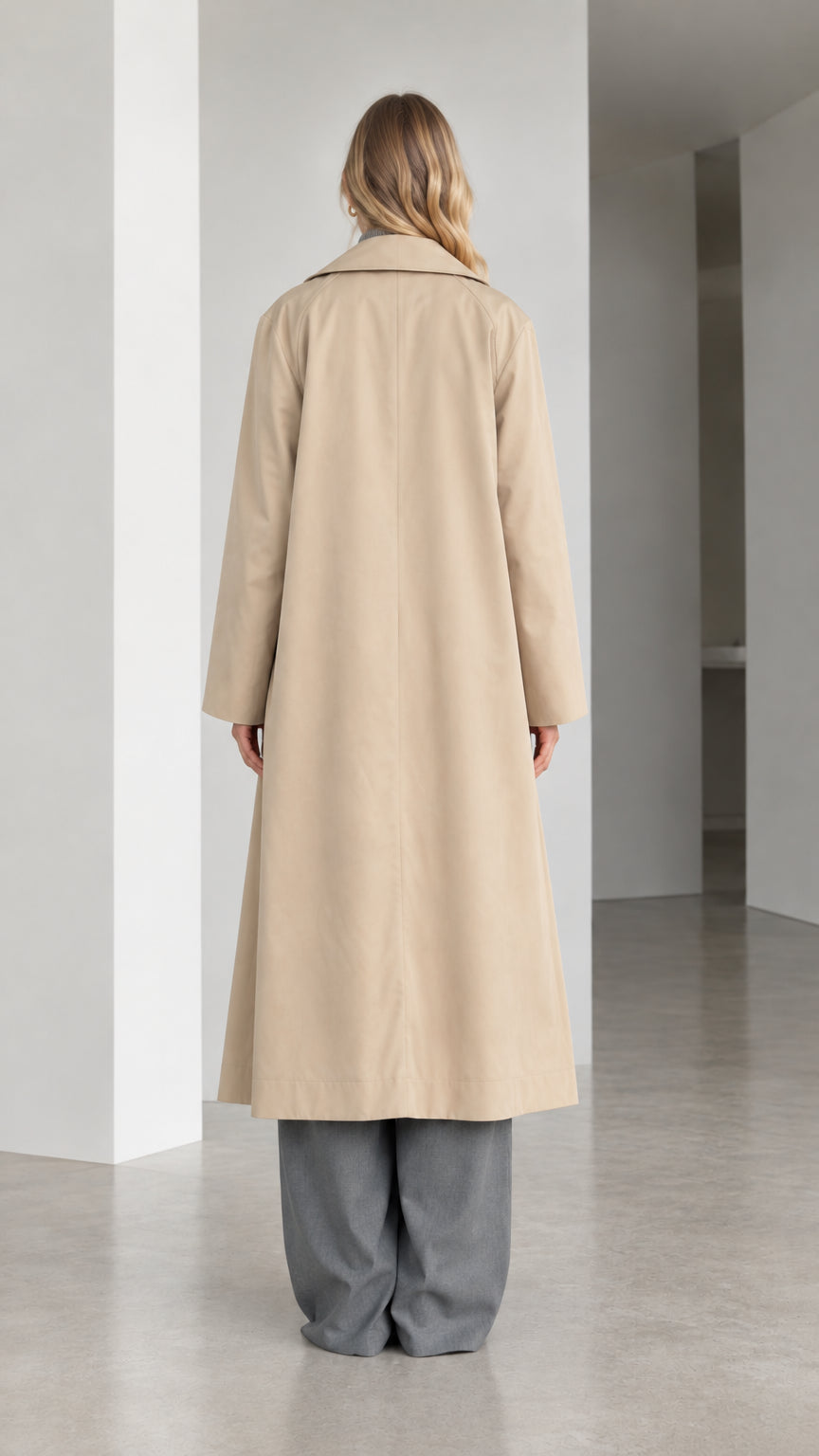 Back full-length view of the beige longline coat showing clean seams and structured shoulders