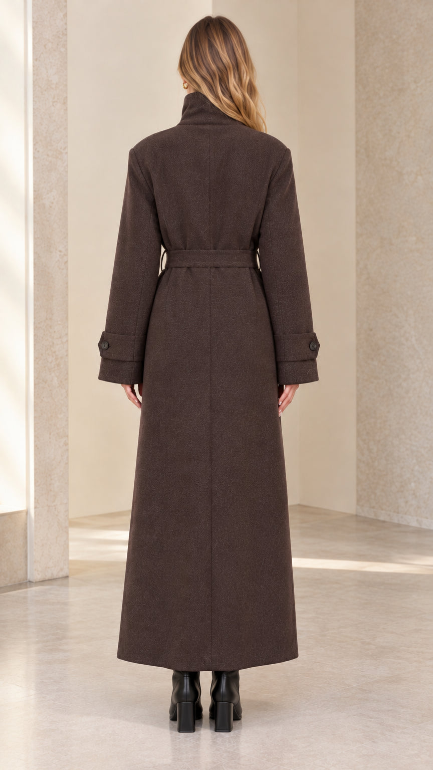 Back full-length view of model wearing brown maxi overcoat showing clean tailored lines