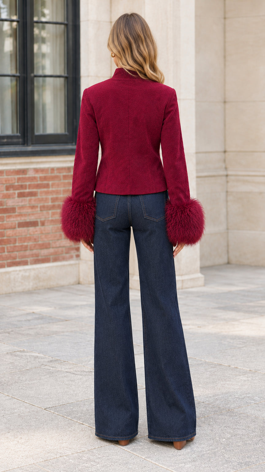 Back view of model wearing Burgundy jacquard jacket