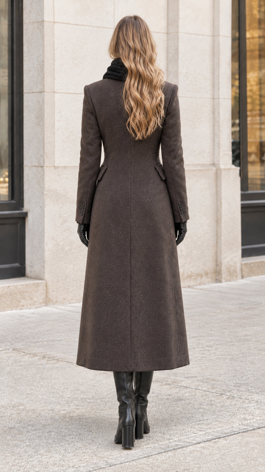 Back view of model in dark brown tailored maxi coat showing contoured back seams