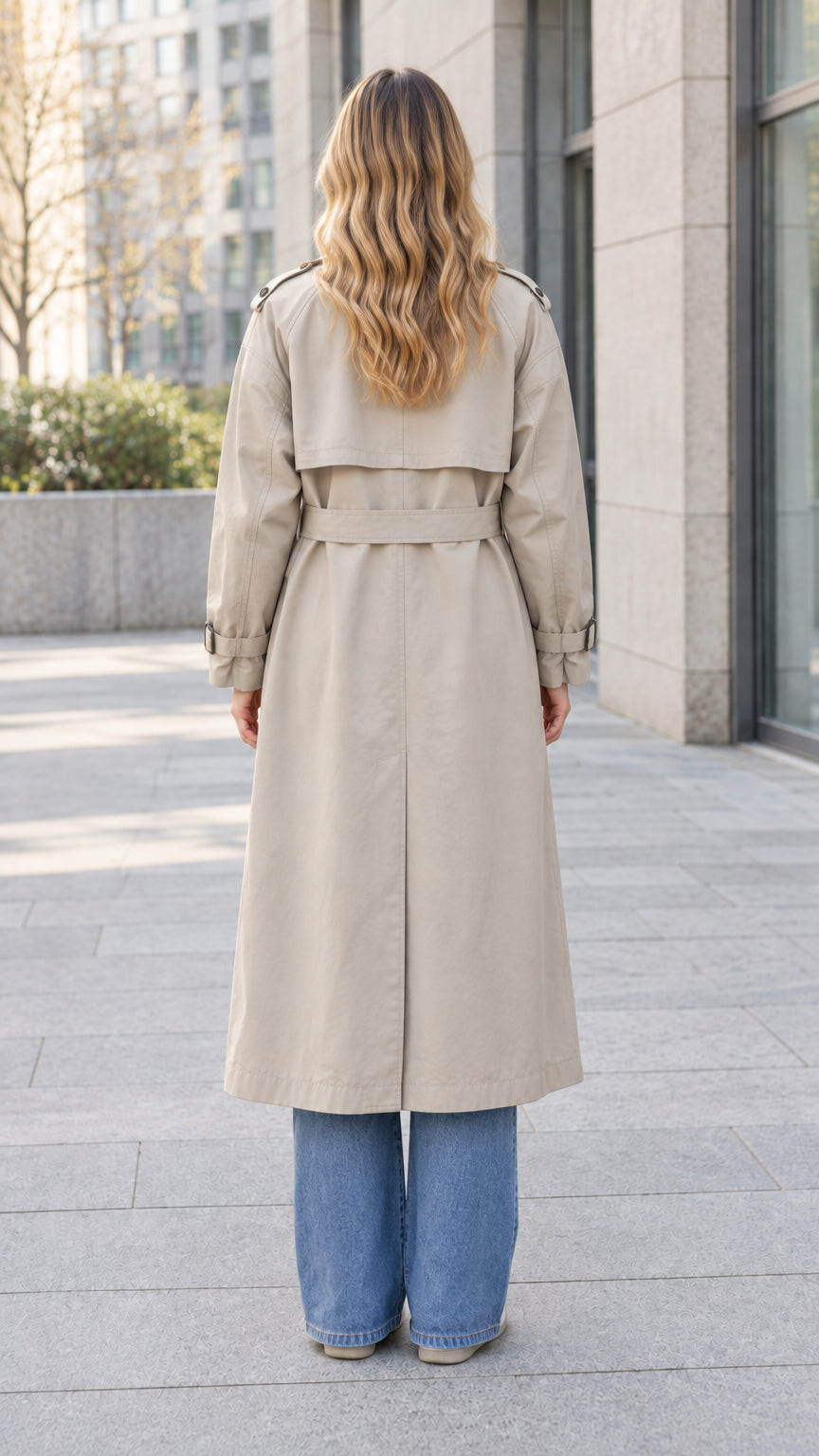 Back full-length view of khaki trench coat showing belted waist and rear vent