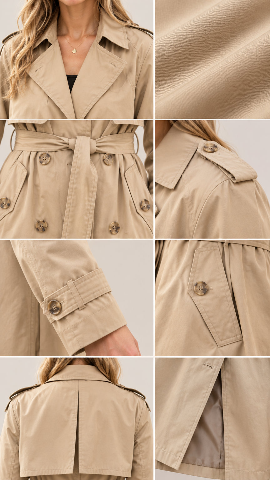Close-up detail collage of beige trench coat lapel, fabric texture, buttons, cuff strap, and pockets