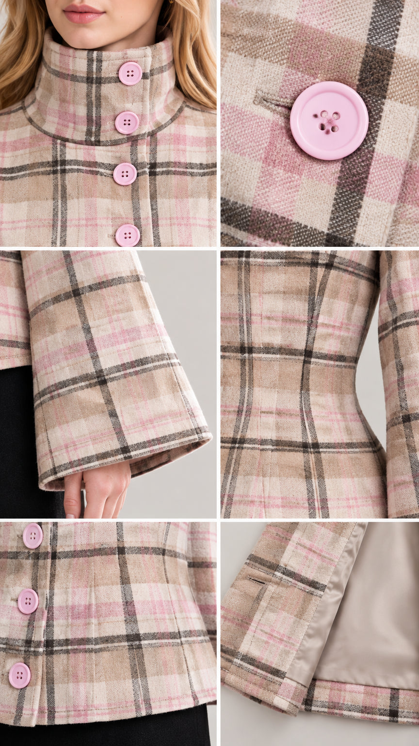 Close-up details of pink buttons, stand collar, flared sleeve cuff, and smooth inner lining