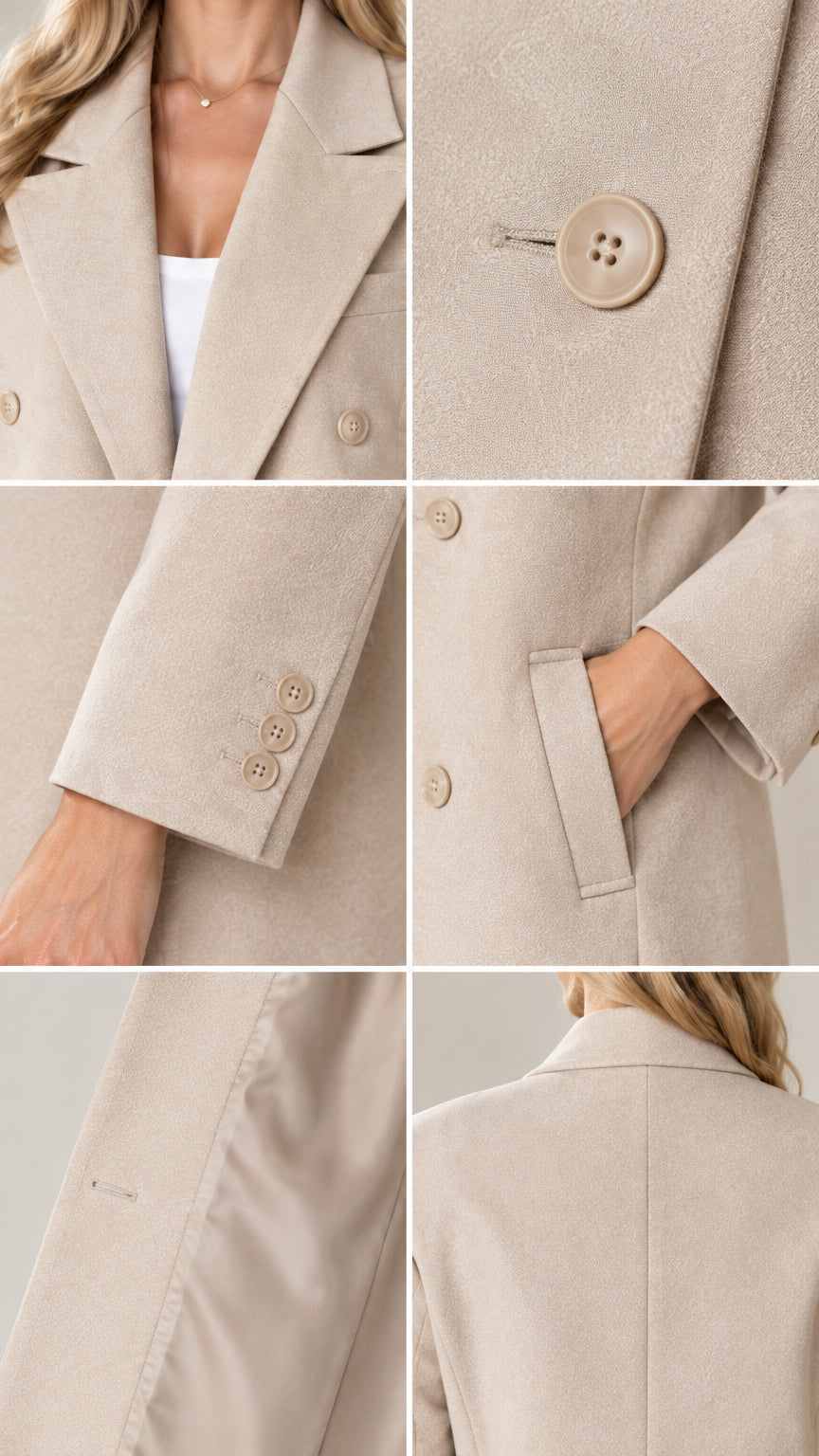 Detailed close-ups of lapel, buttons, cuff, lining, and pocket on beige coat