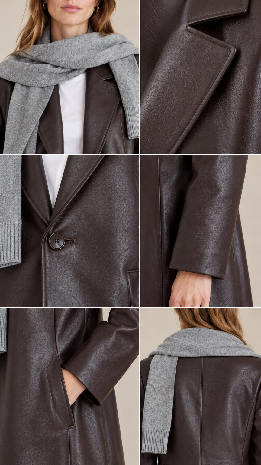 Close-up collage showing collar, lapel, button, pocket, and smooth texture details of the dark brown coat
