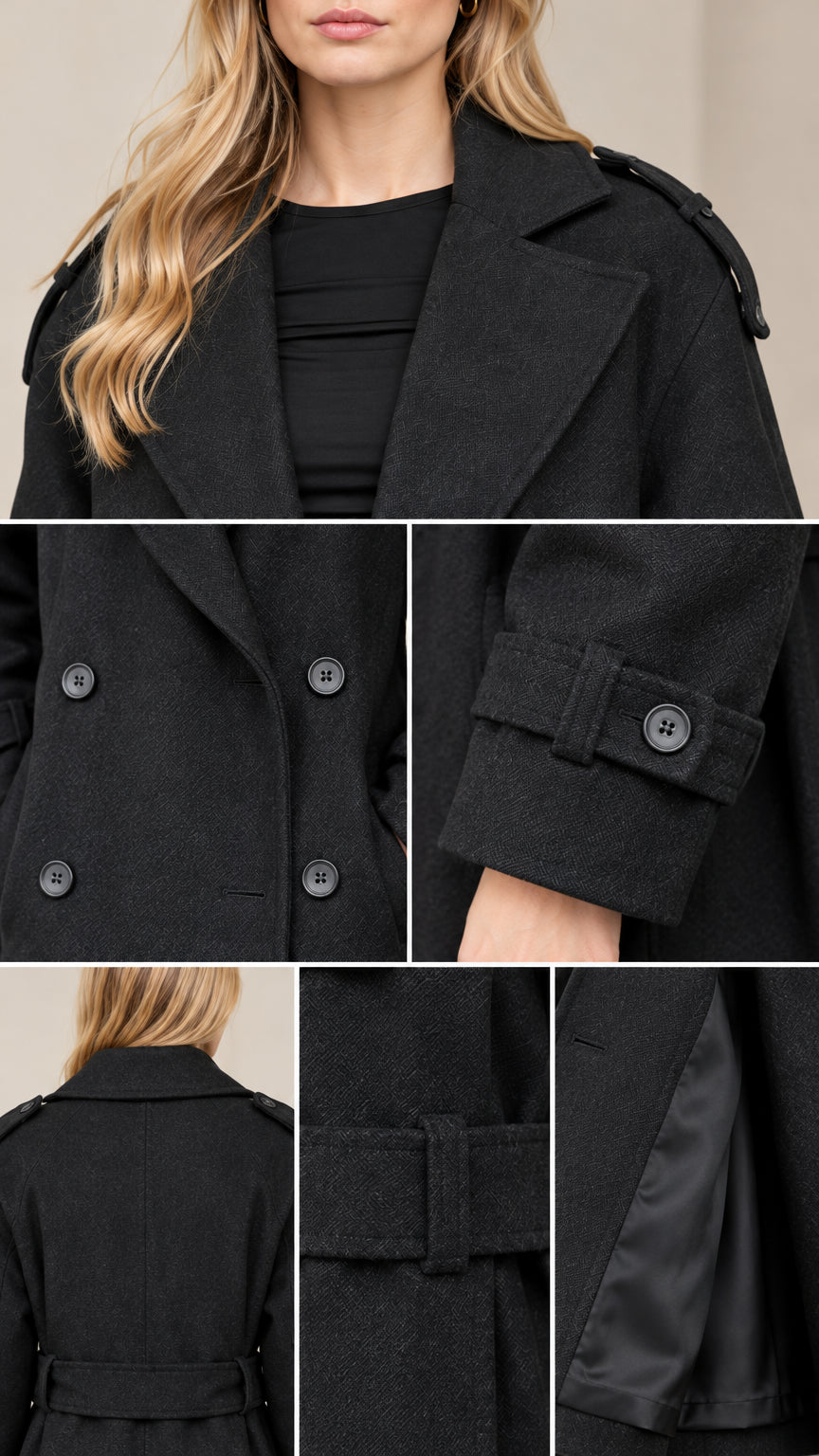 Close-up details of Black trench coat showing lapel, button fastening, cuff tab, and smooth lining