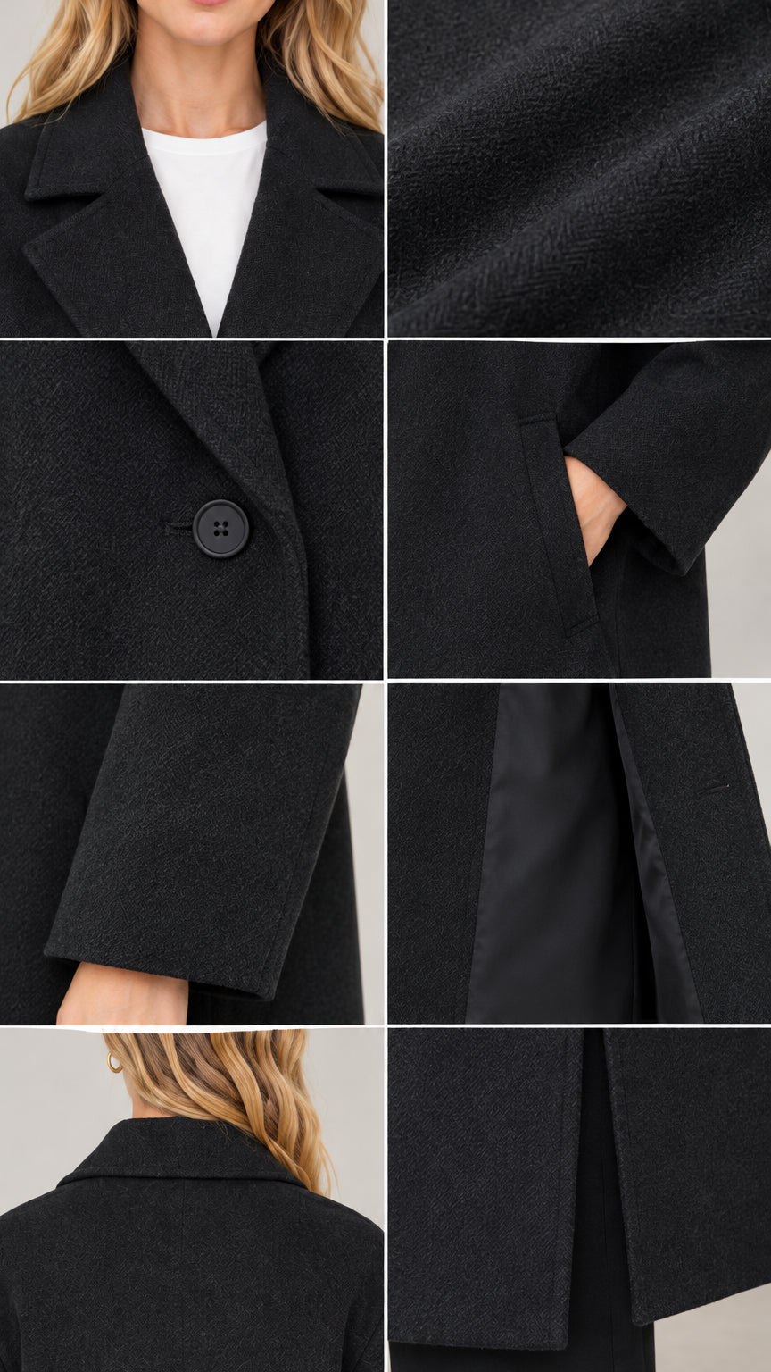 Close-up details of black overcoat showing lapel, fabric texture, button, pocket, and sleeve