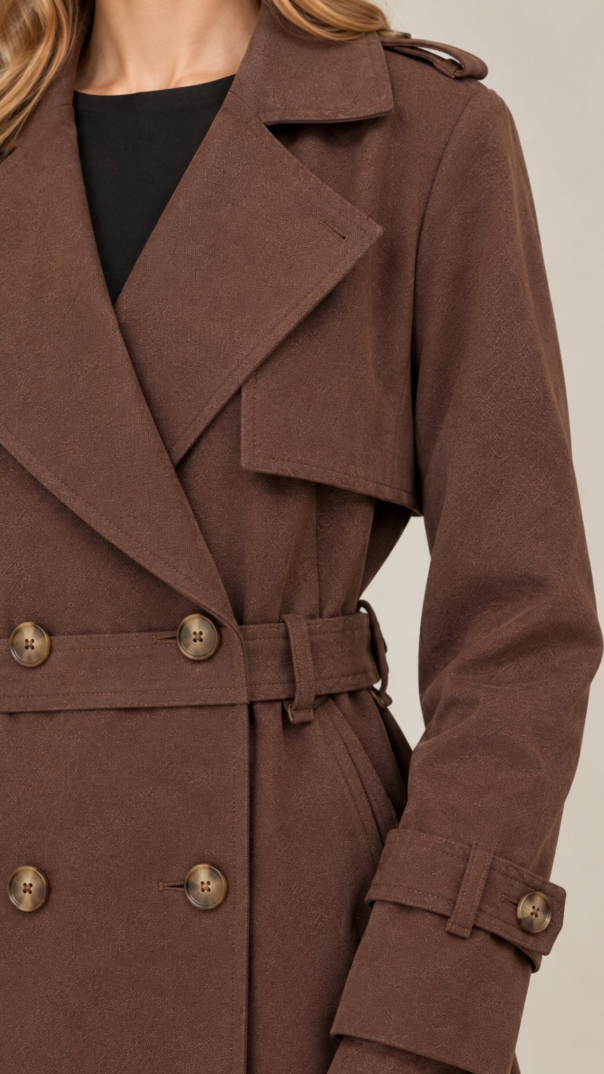 Close-up detail of notched lapels, buttons, and gun flap on brown trench coat