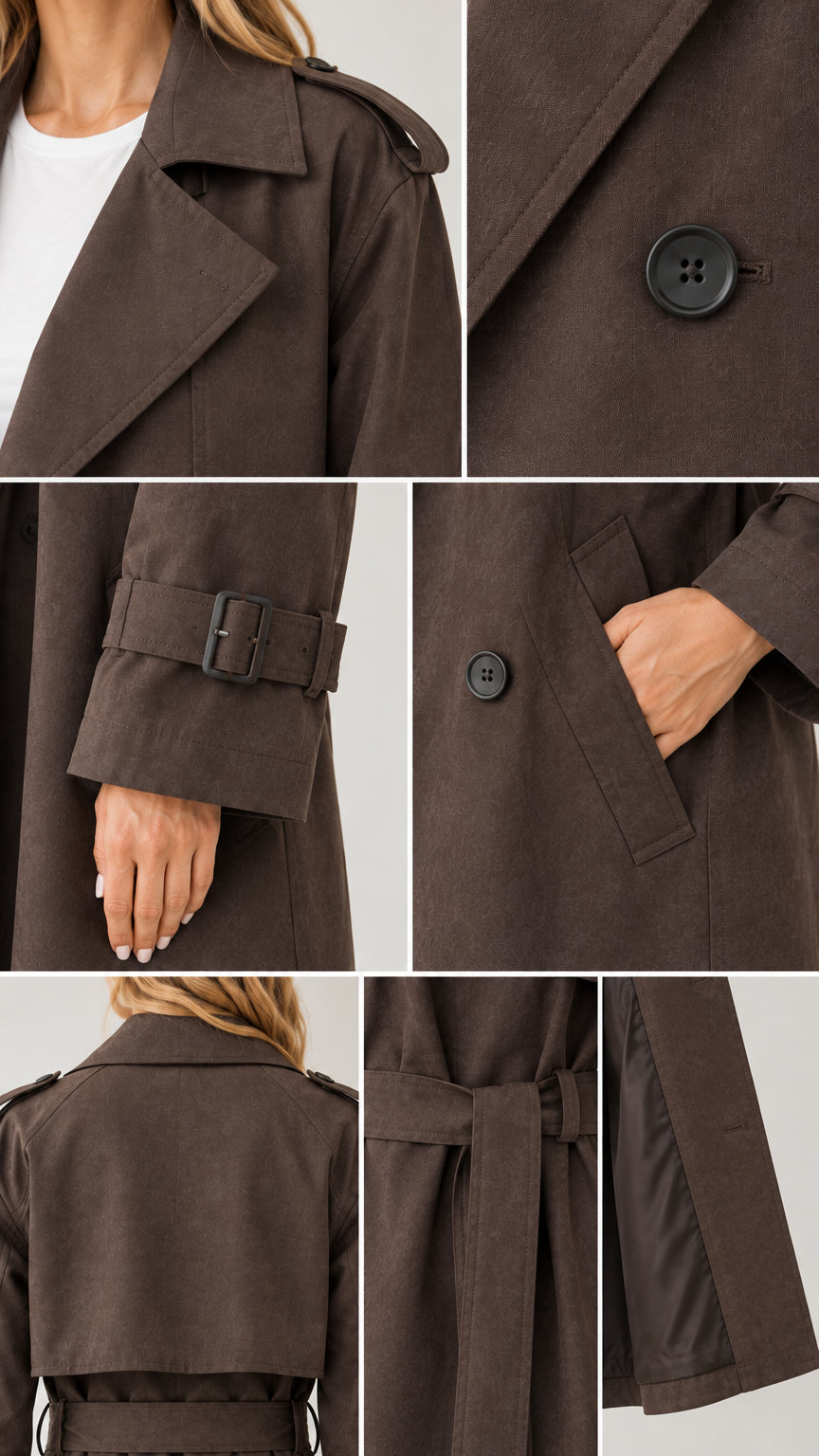 Collage of close-up construction details on dark brown trench coat including lapels, horn buttons, belted cuff, welt pocket, and lining