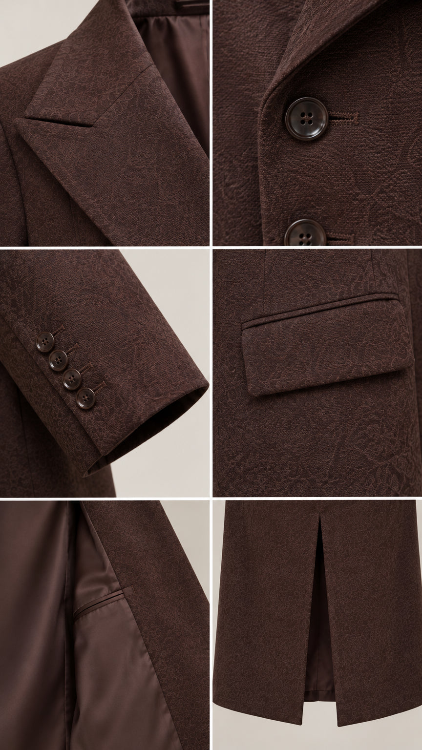 Detailed close-up collage showing lapel, buttons, cuff, pocket, lining, and vent of the brown coat