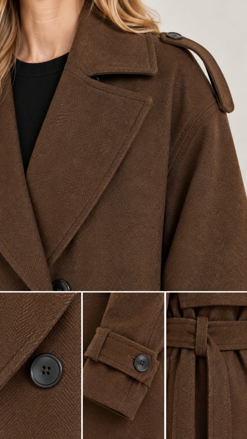 Detailed close-up collage of brown trench coat notch lapel, button cuff, and fabric belt