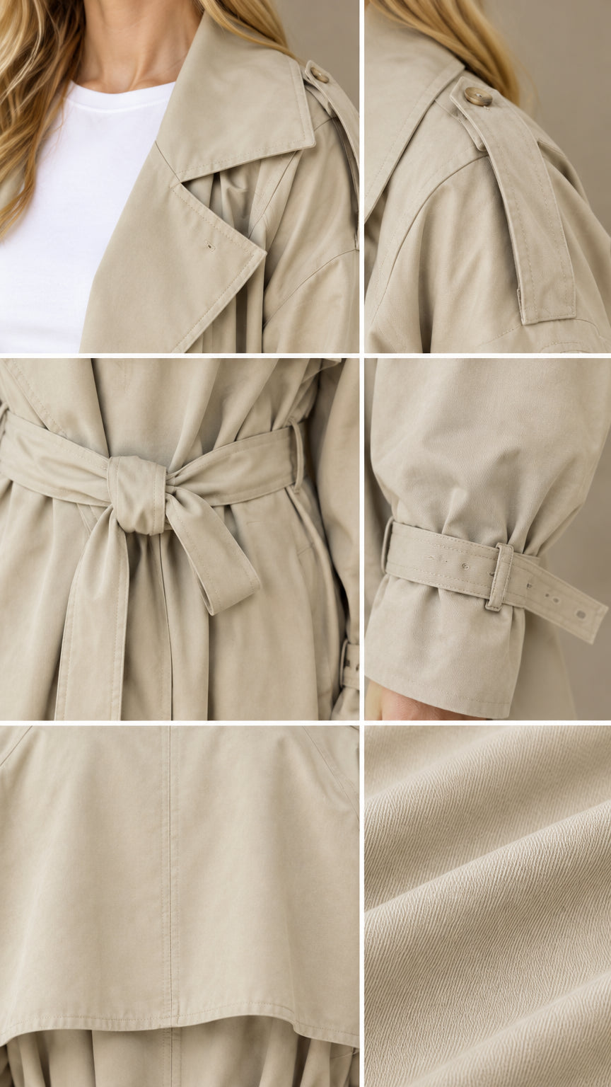 Close-up collage of trench coat details including lapel, epaulets, tie belt, and cuff straps