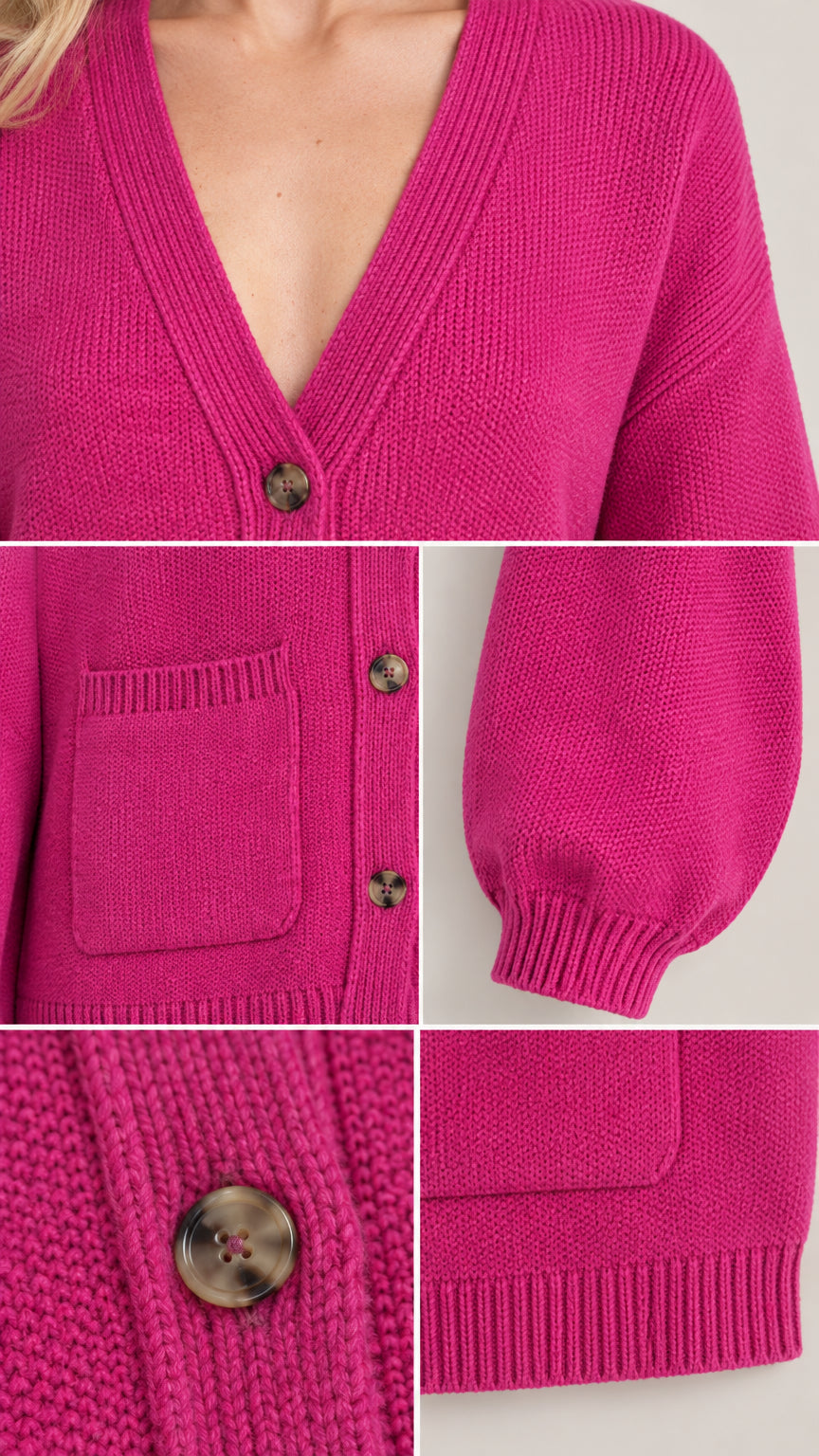 Close-up details of fuchsia knit cardigan showing V-neckline, buttons, patch pocket, and ribbed cuff