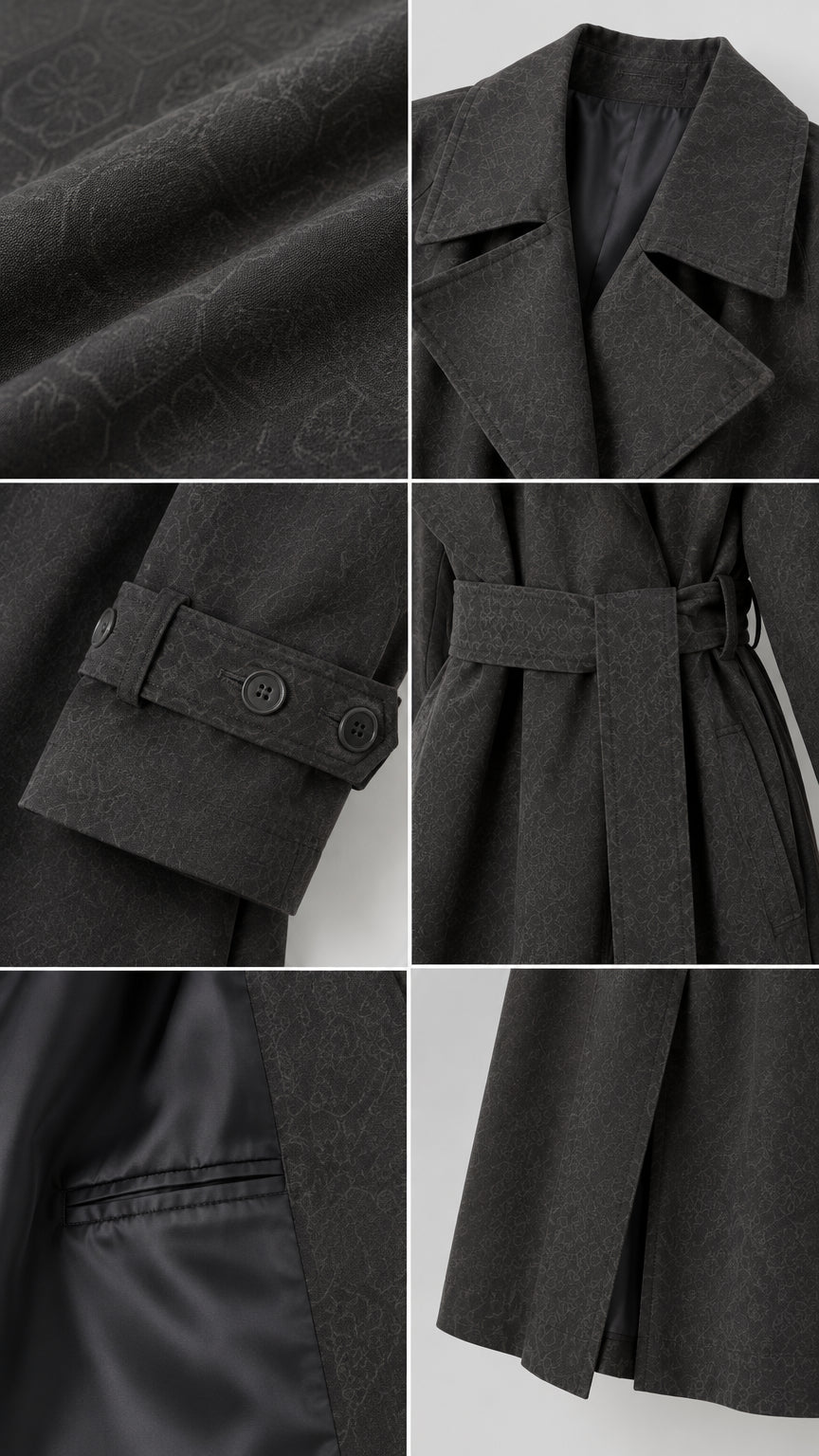 Close-up details of collar lapel, buttoned sleeve cuffs, interior pocket, and back hem slit