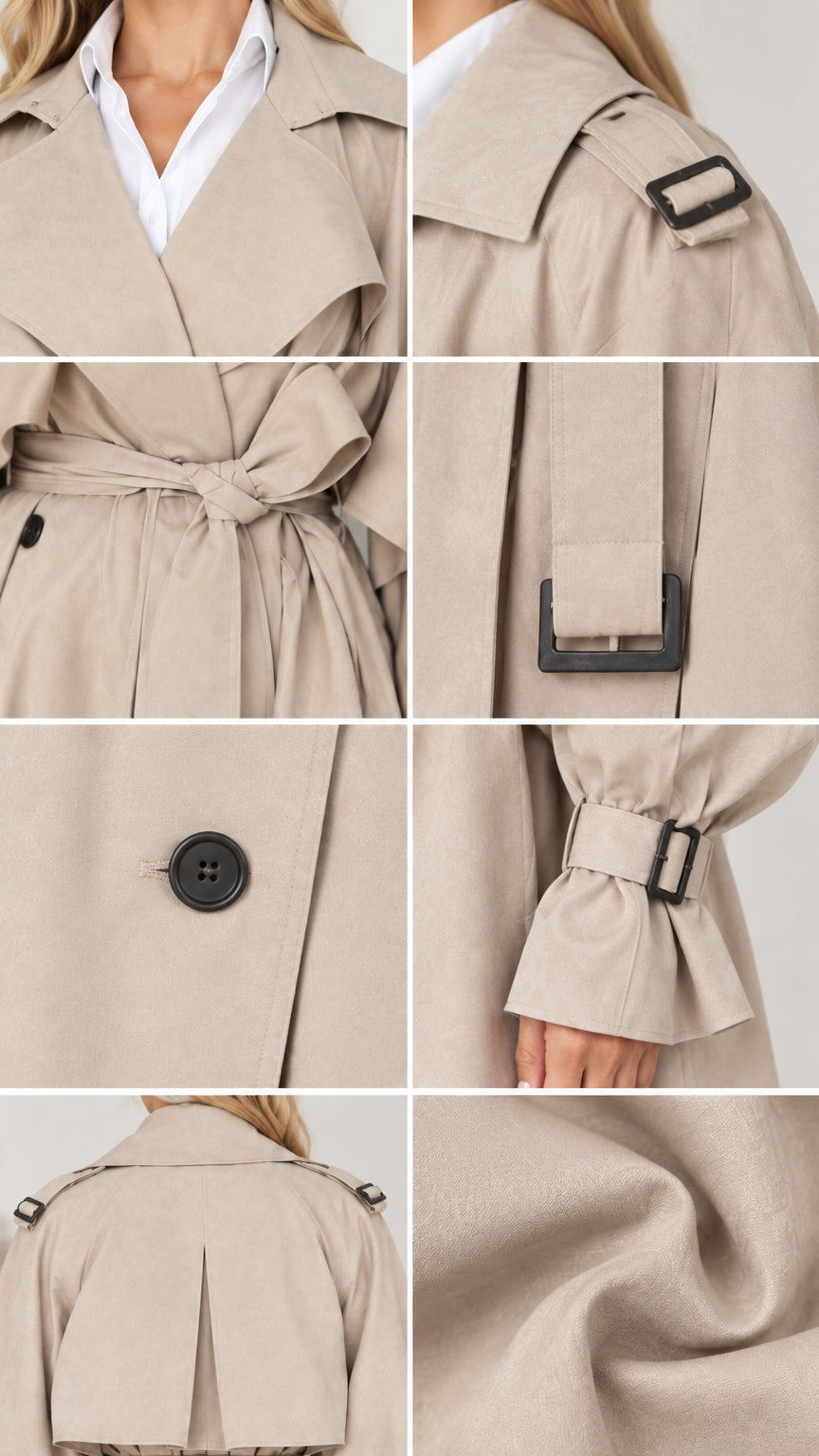 Close-up detail collage of beige trench coat lapels, shoulder tabs, buckle cuffs, and buttons