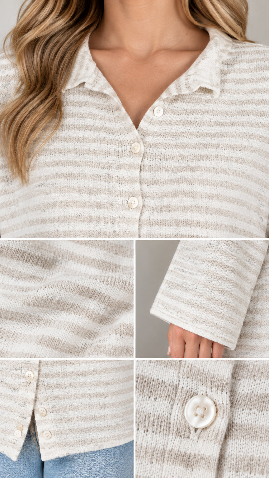 Close-up details of collar, buttons, and textured striped knit fabric on beige cardigan