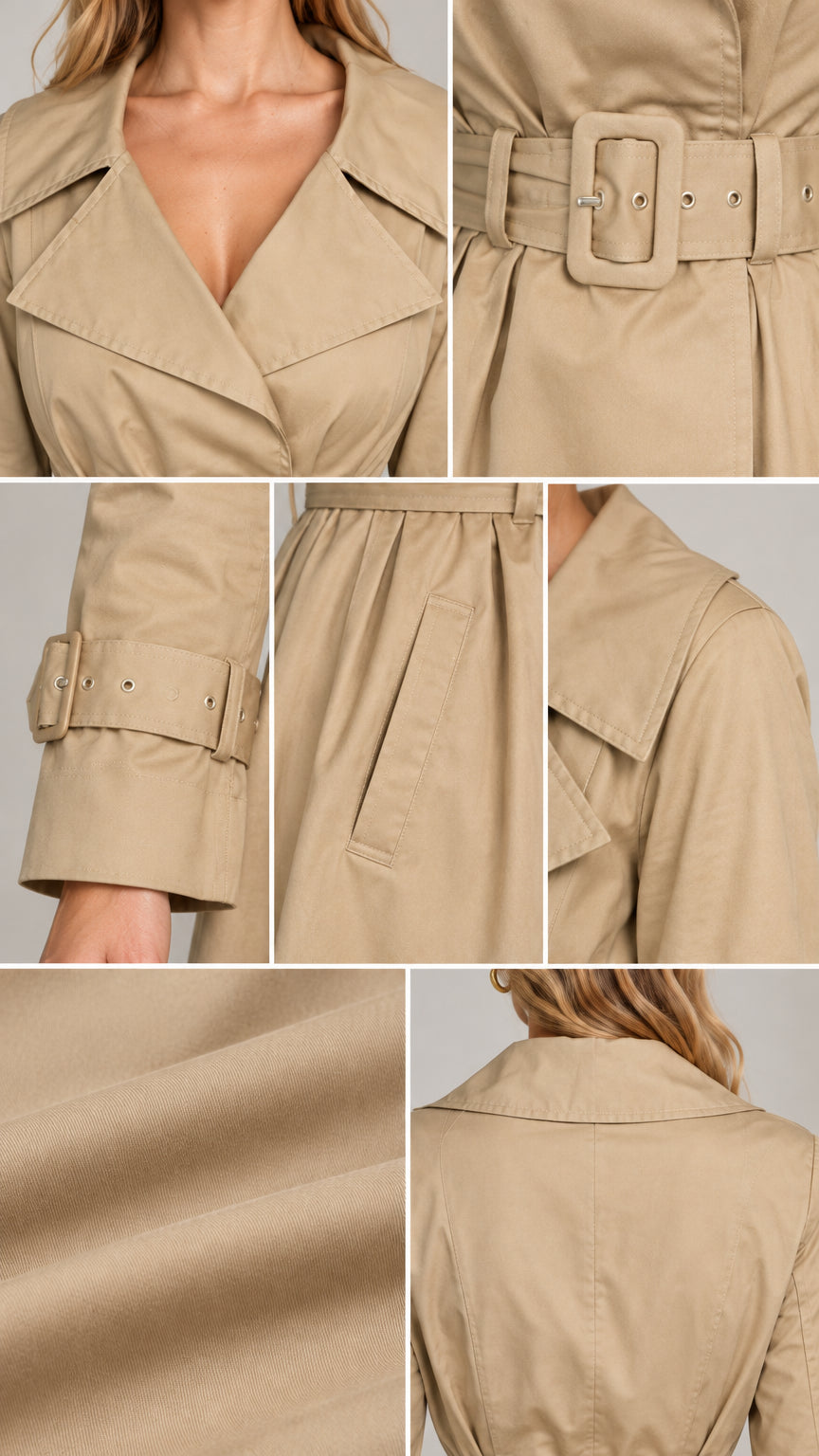 Close-up details of lapel collar, buckle belt, sleeve cuff strap, and pocket on beige trench coat