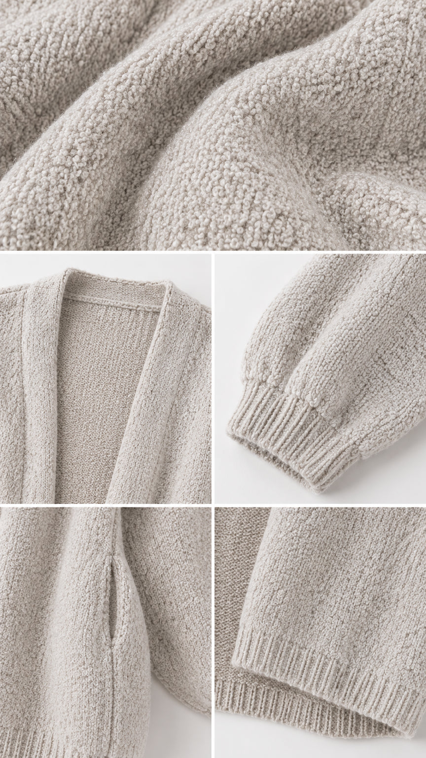 Detailed close-up collage of oatmeal knit texture, open collar, ribbed cuff, and side pocket