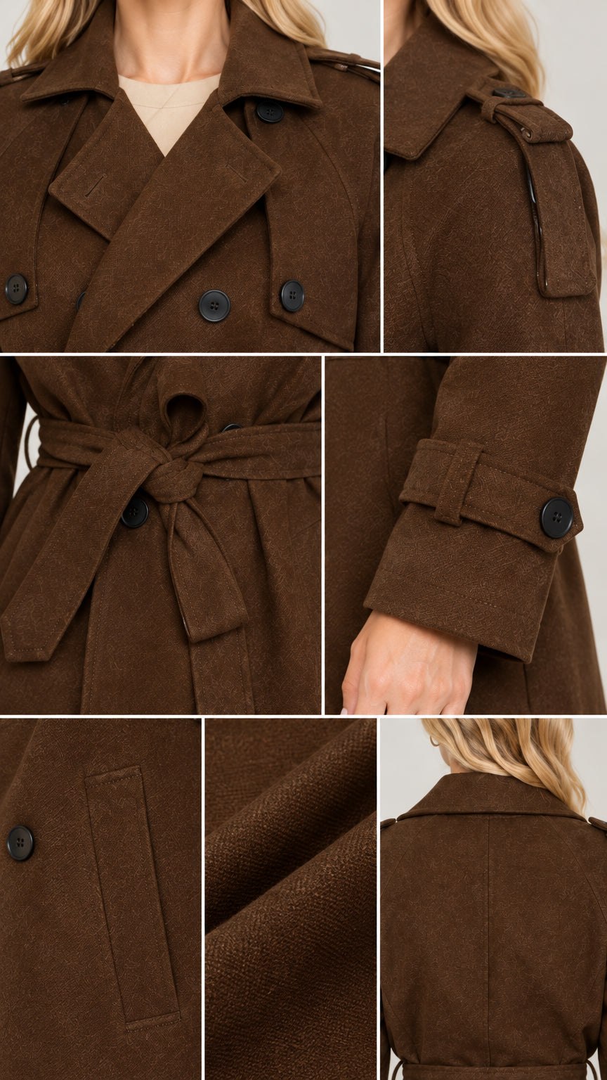 Detailed close-up panels of trench coat lapel, shoulder epaulette, tied waist belt, buttoned cuff strap, and pocket