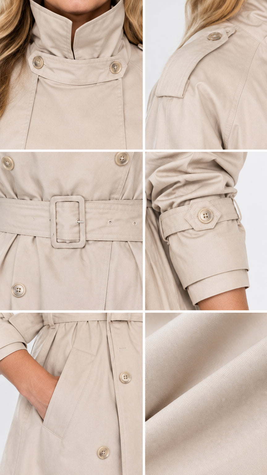 Close-up details of trench coat collar latch, shoulder epaulette, belt buckle, cuff tab, and pocket
