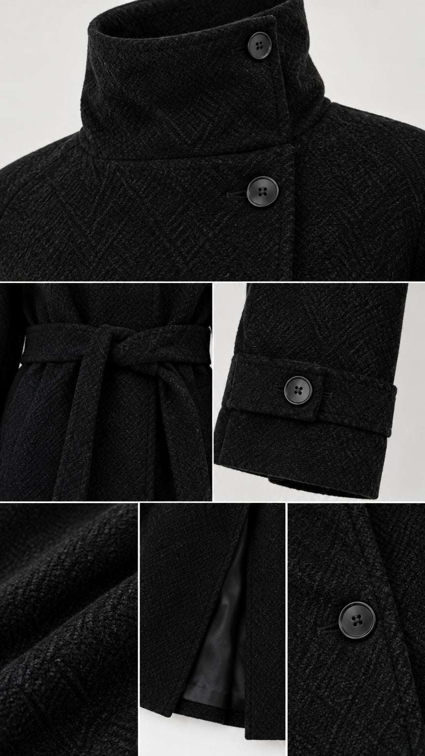Close-up detail collage showing buttoned collar, belt tie, cuff strap, and lining of black coat