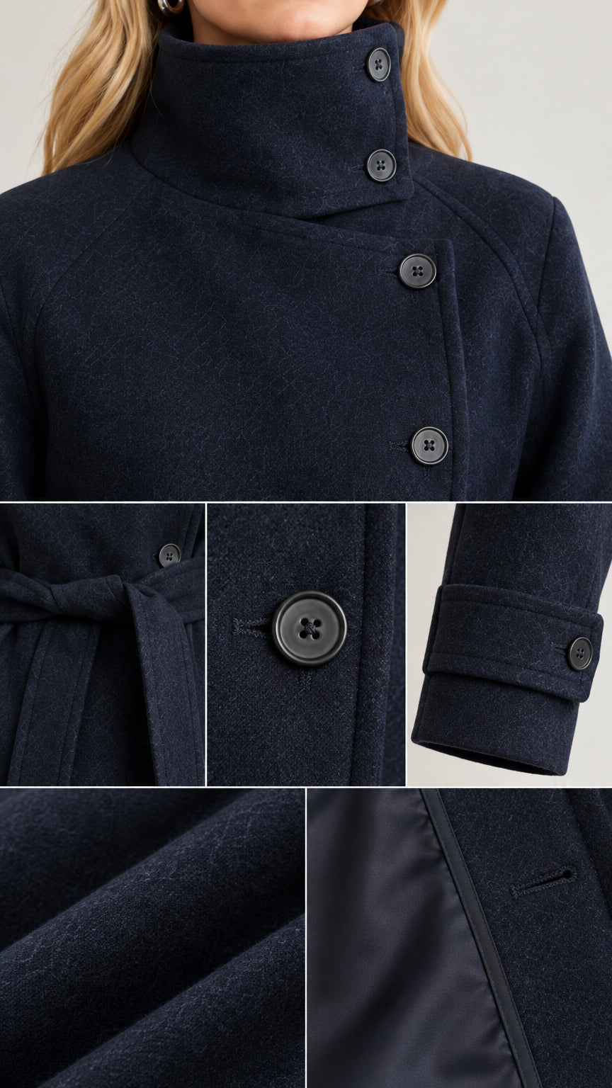Close-up details of Navy Blue coat showing high stand collar, button placket, cuffs, and lining