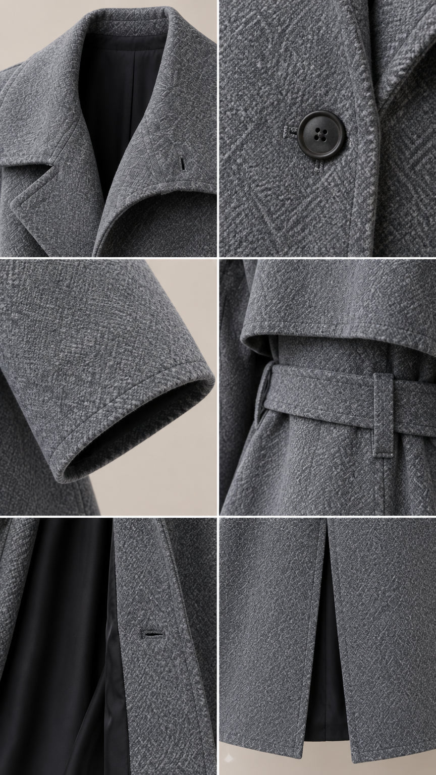 Close-up detail collage showing coat lapel lining, single button closure, sleeve cuff, and textured fabric weave