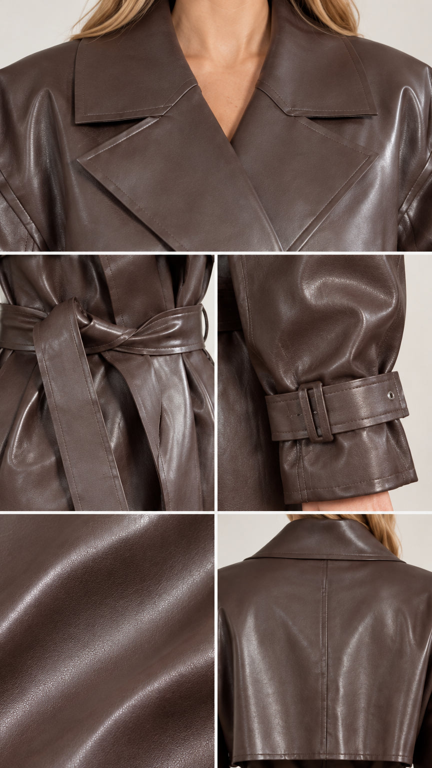 Close-up details of lapels, tie belt, buckled cuff straps, and smooth leather texture