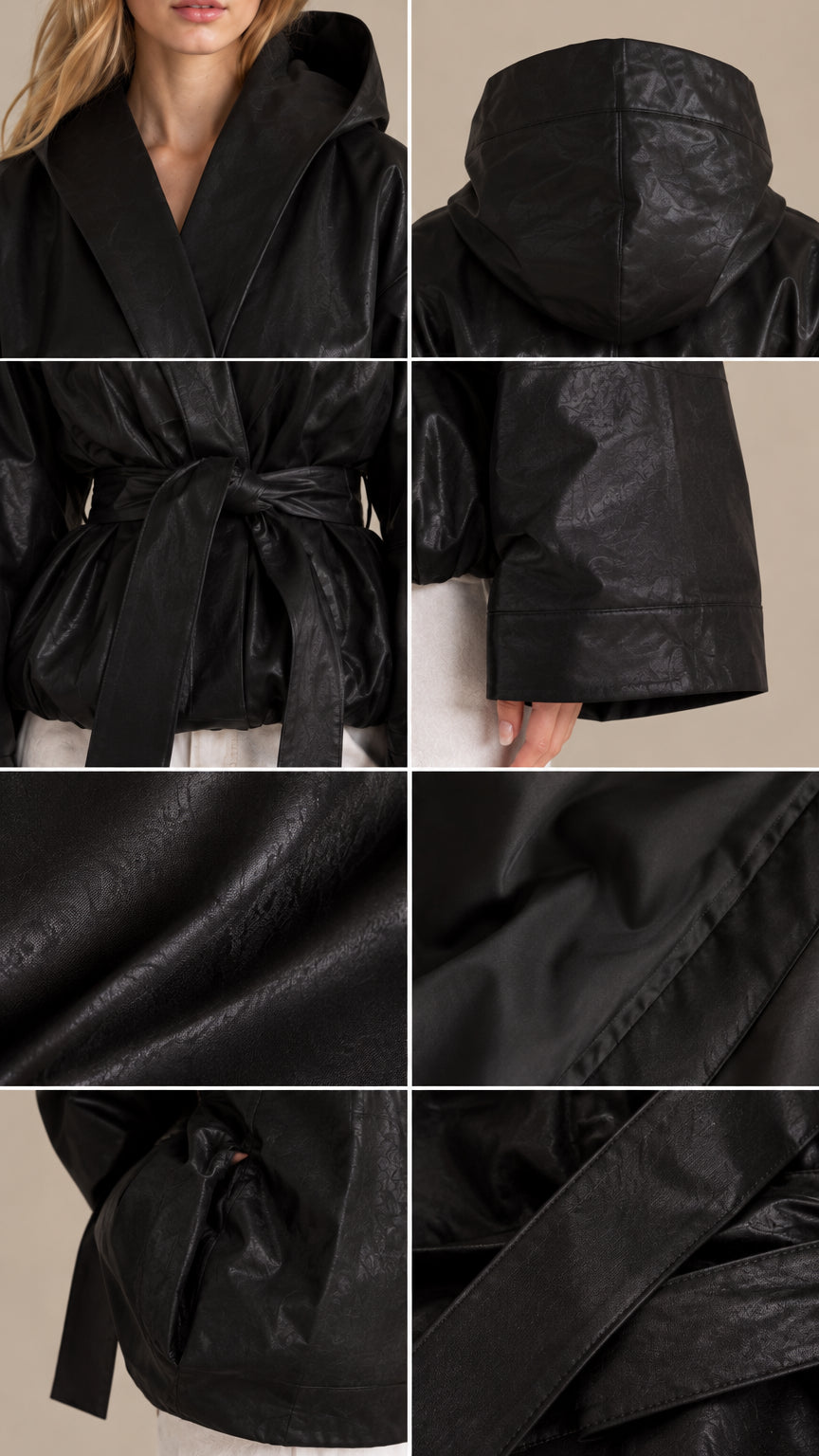 Detailed collage of black faux leather jacket texture, hood, belt, and sleeve cuffs