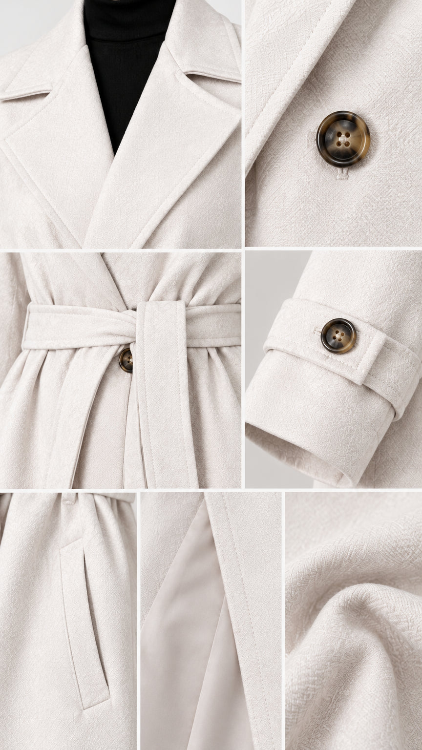 Close-up details of collar, buttons, belt, cuff tab, pocket, and fabric texture of cream coat