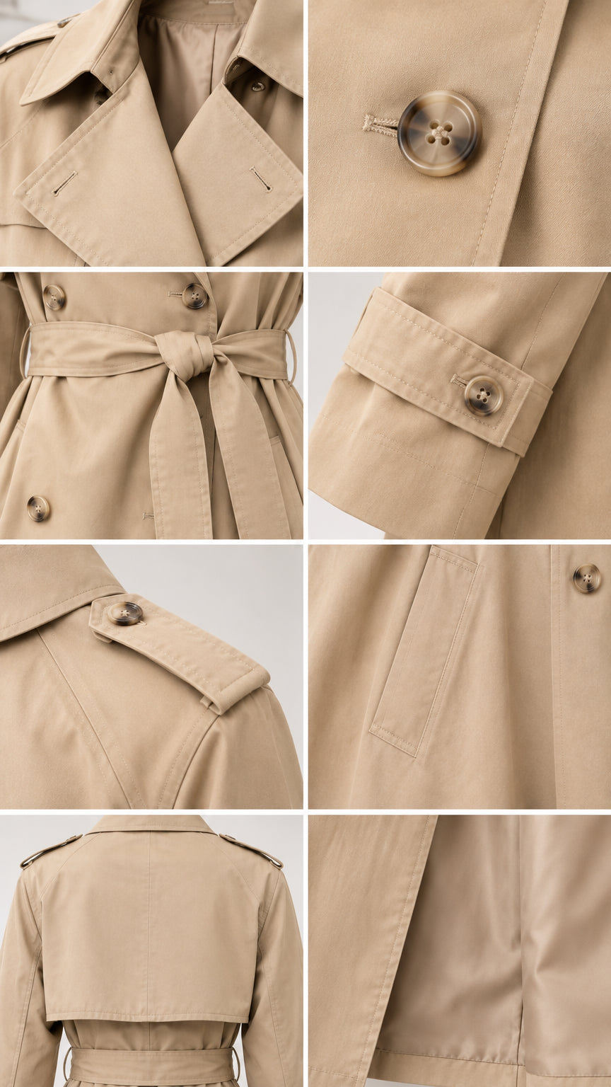 Close-up details of trench coat buttons, cuff straps, shoulder epaulets, and side welt pockets