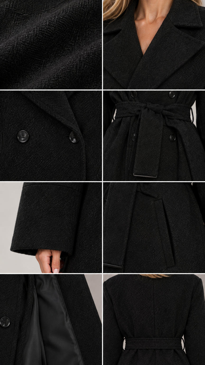 Close-up details of black coat fabric, lapel, double-breasted buttons, pockets, and lining