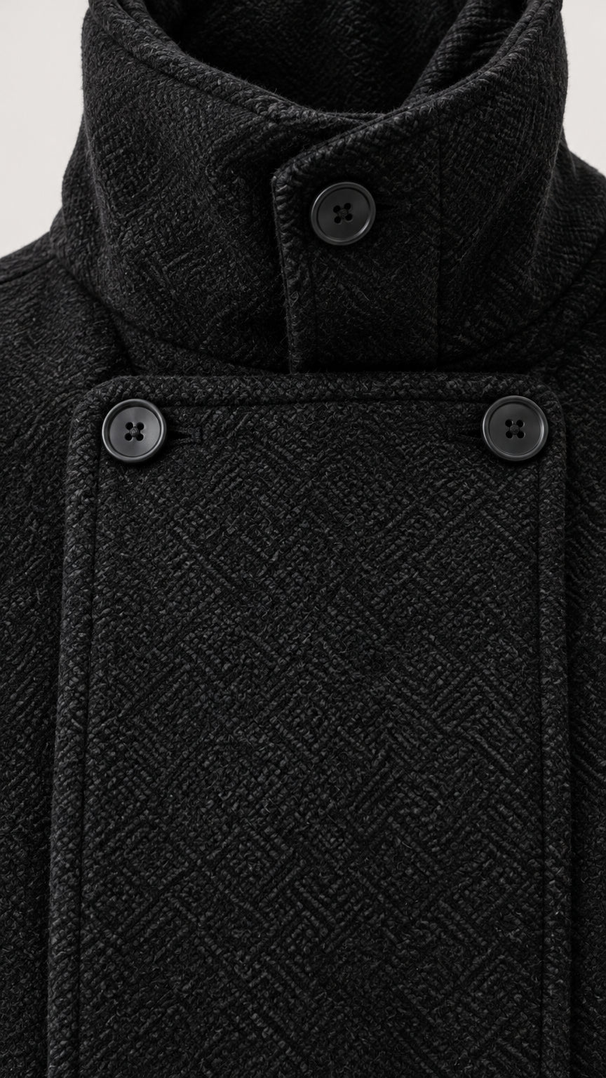Close-up detail of textured woven fabric, button fastening, and high stand collar on Black coat