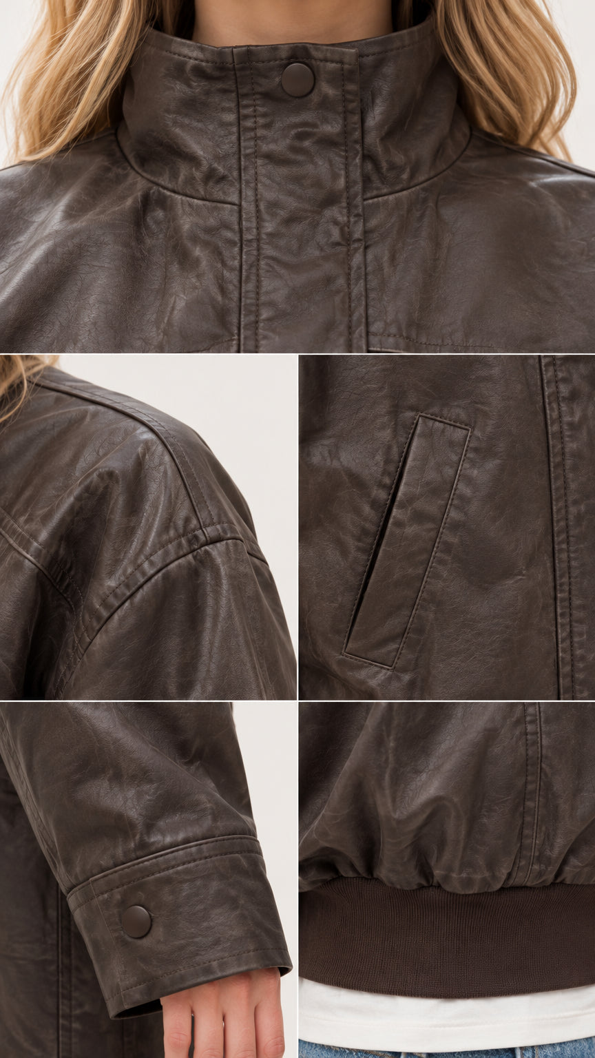 Close-up details of brown faux leather jacket showing collar, shoulder seam, pocket, cuff, and hem