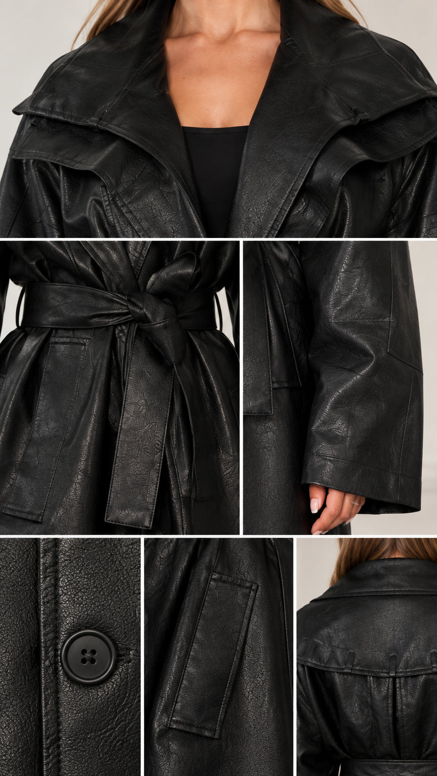 Close-up details of collar, belt tie, button closure, and pocket on black trench coat