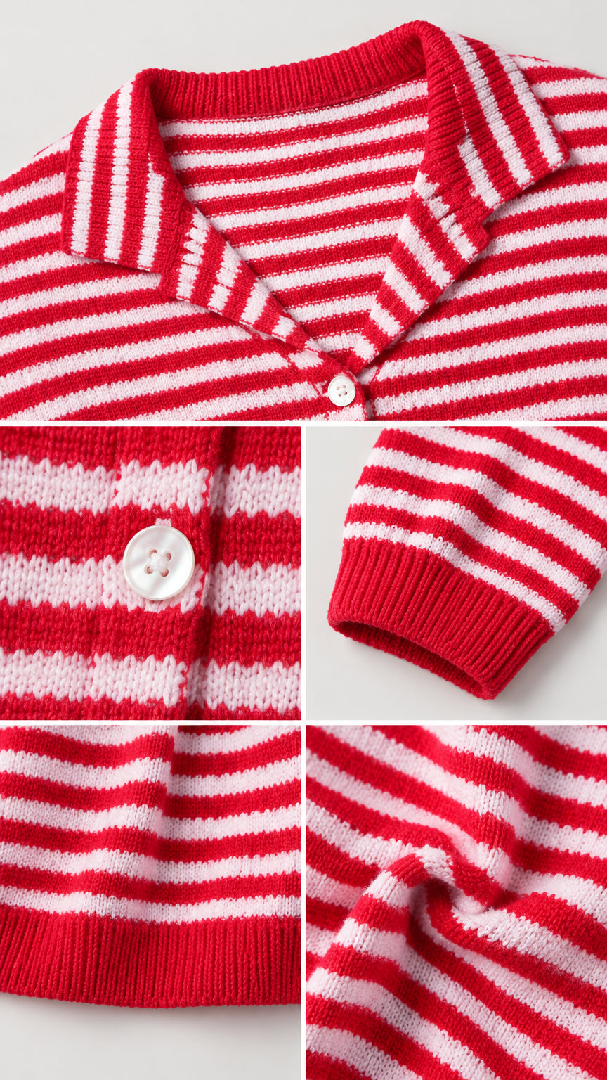 Close-up details of collar lapel, button closure, ribbed cuff, and knit fabric texture of red striped sweater