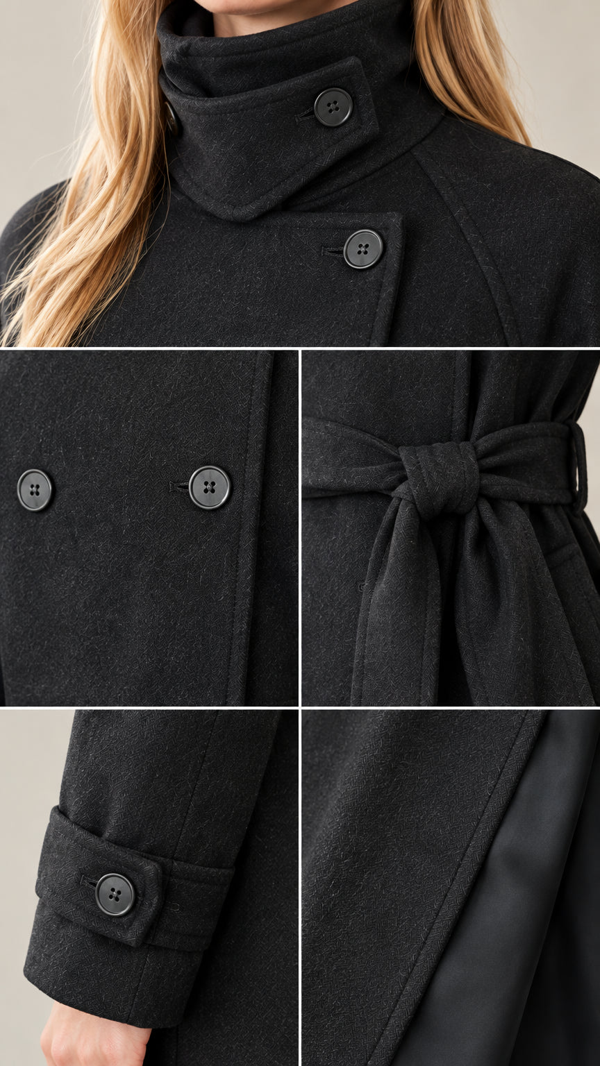 Detailed close-ups of the high collar button, front buttons, tied waist belt, and cuff tab on black overcoat