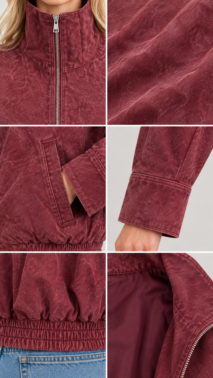 Detailed close-ups of burgundy jacket stand collar zipper, fabric texture, welt pocket, sleeve cuff, and hem
