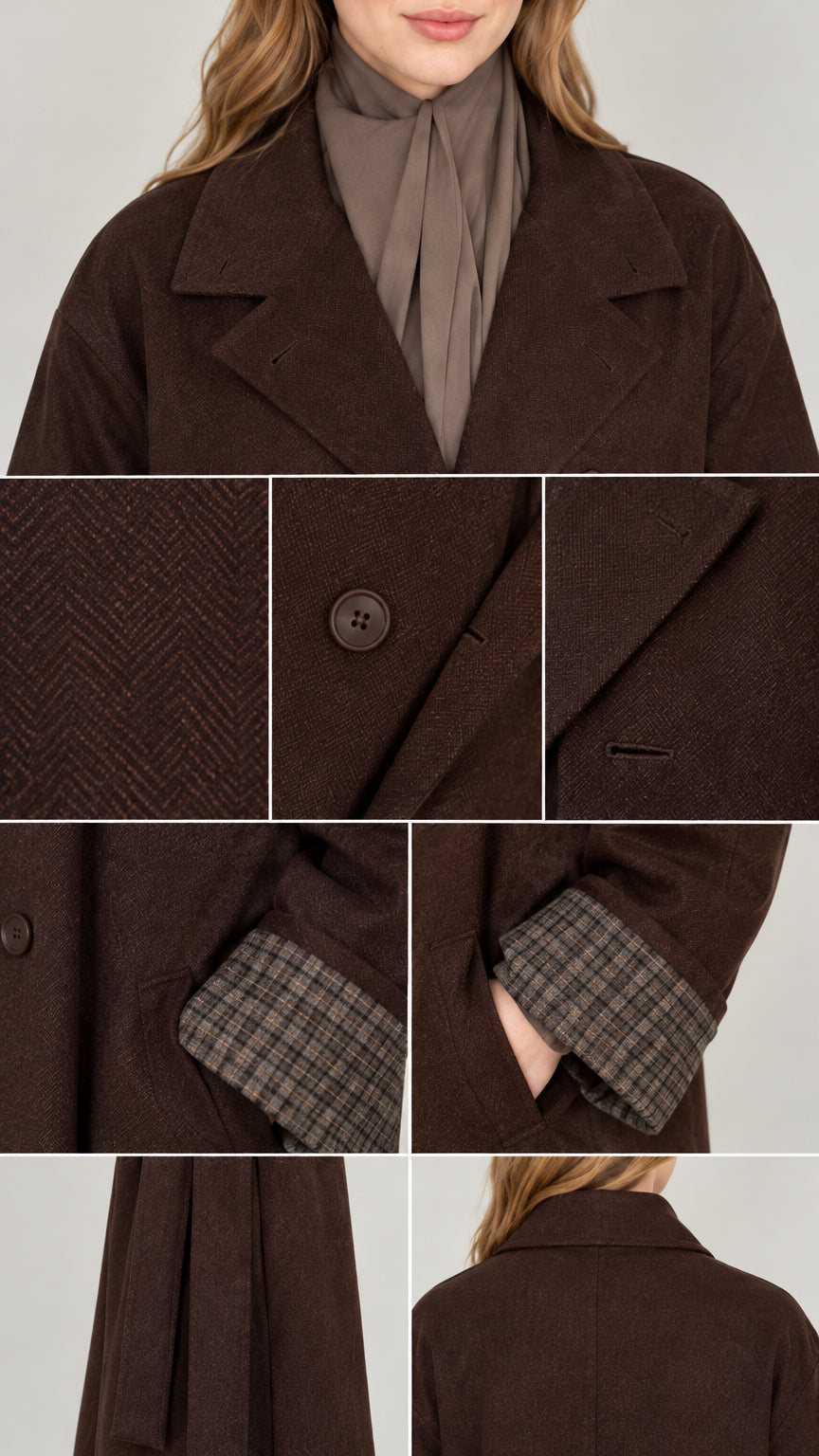 Close-up detail shots of brown coat fabric texture, lapels, buttons, and plaid cuffs