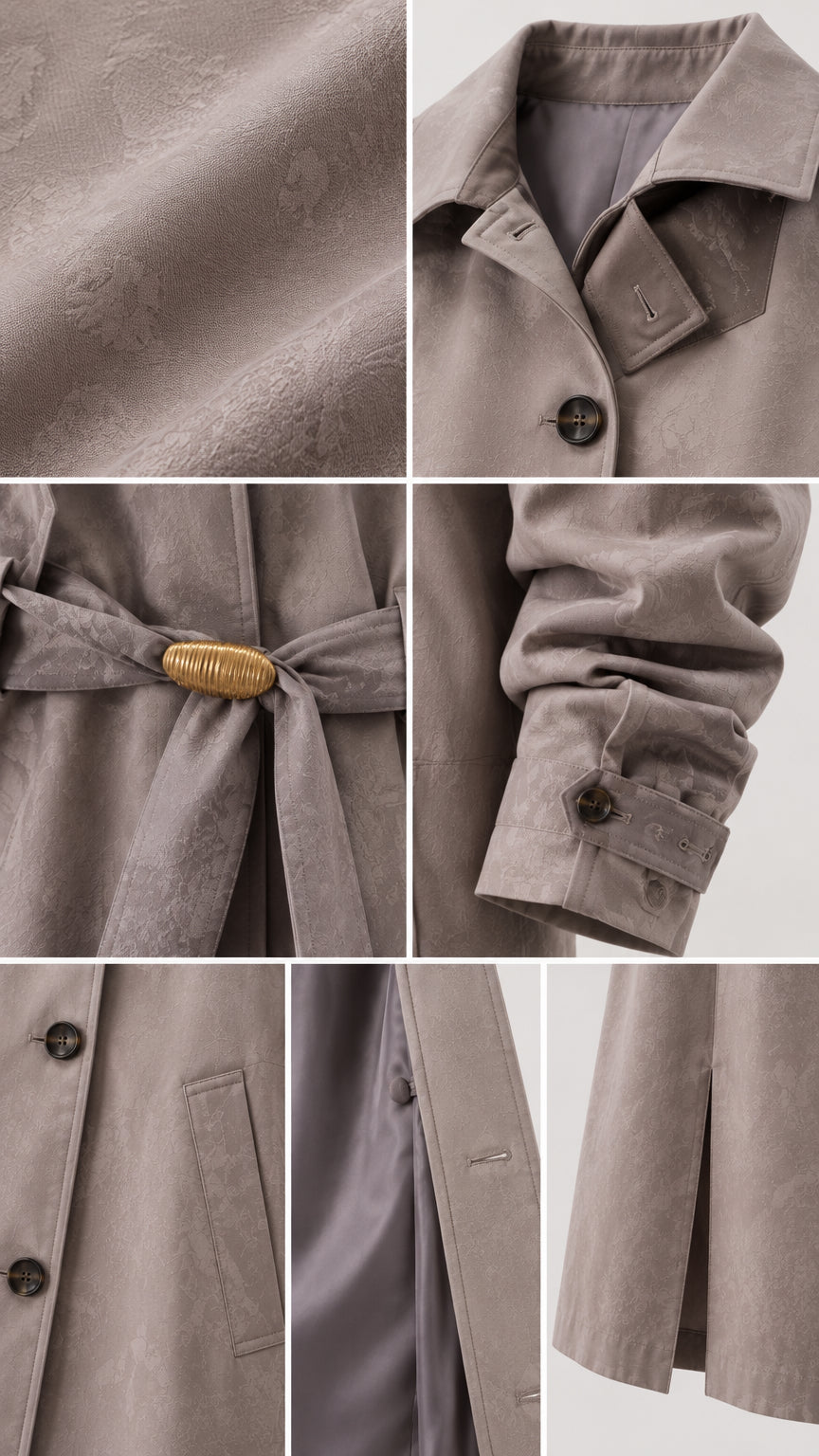 Close-up details of coat fabric, collar lapel, belted waist hardware, cuff tabs, and pockets