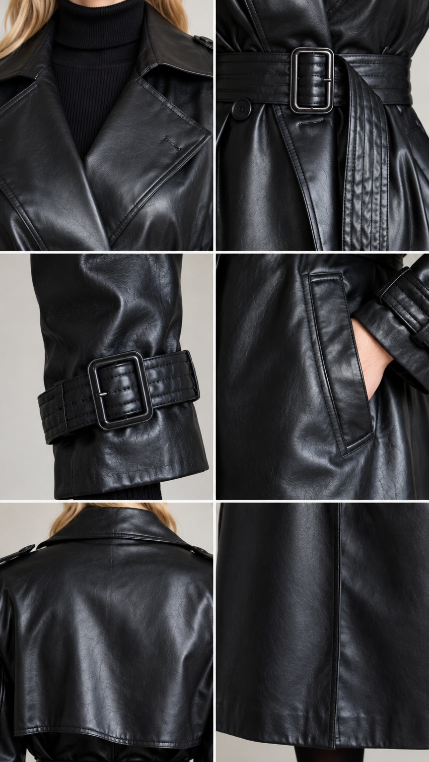 Close-up detail collage of lapel, waist buckle, cuff strap, welt pocket, and seam construction