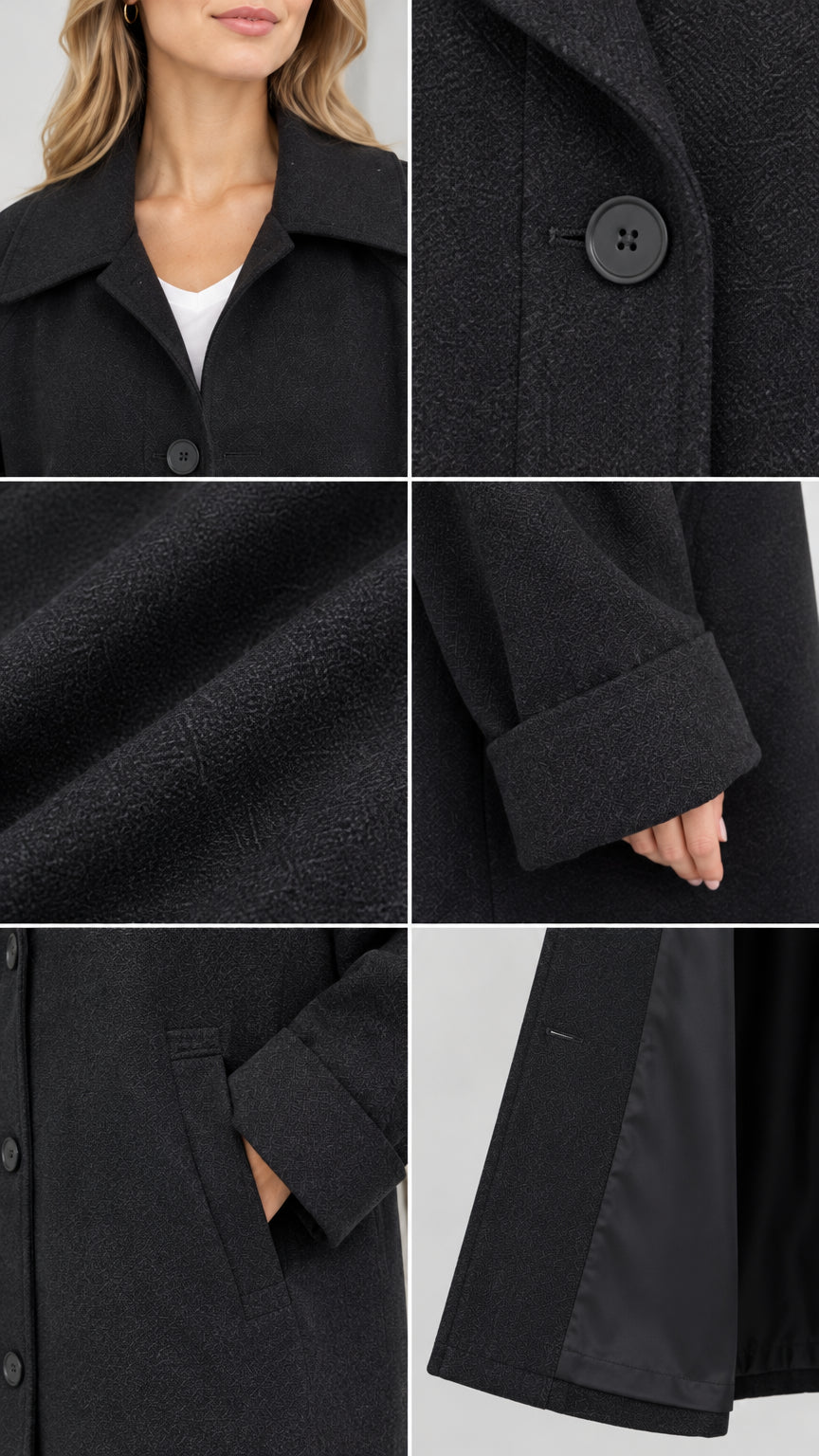 Close-up details of collar, buttons, brushed fabric texture, cuffed sleeves, and pocket lining