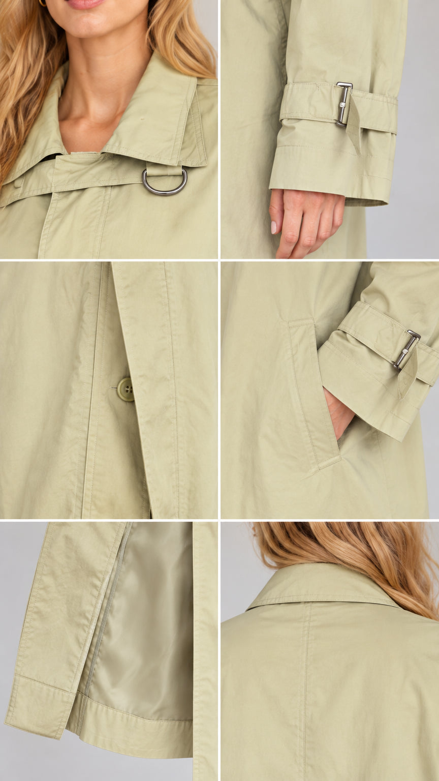 Close-up details of collar buckle strap, cuff belts, concealed button closure, and pocket