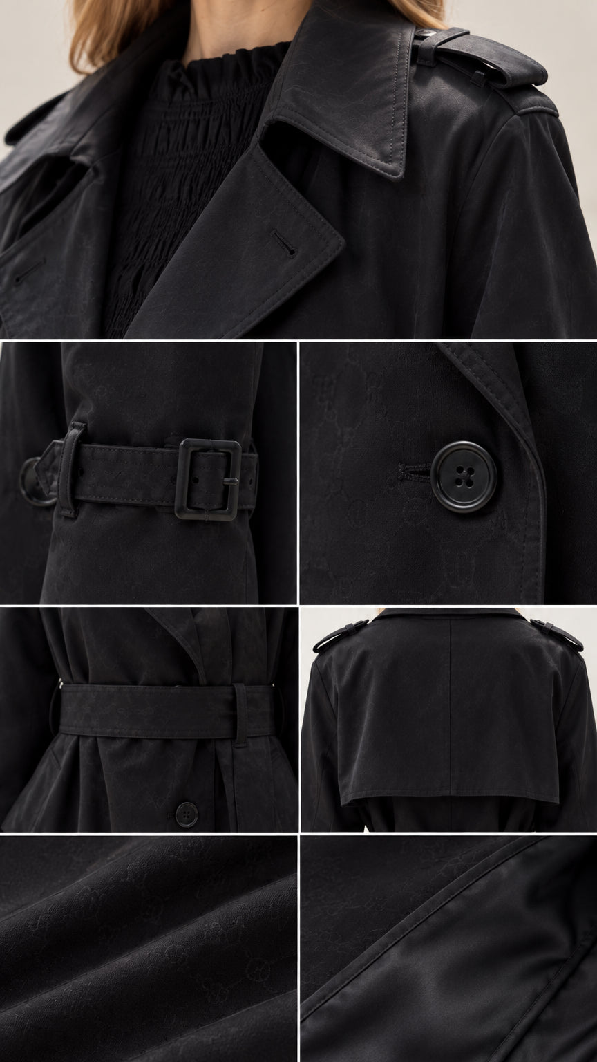 Close-up collage of black trench coat details including lapels, buckle straps, buttons, and woven fabric
