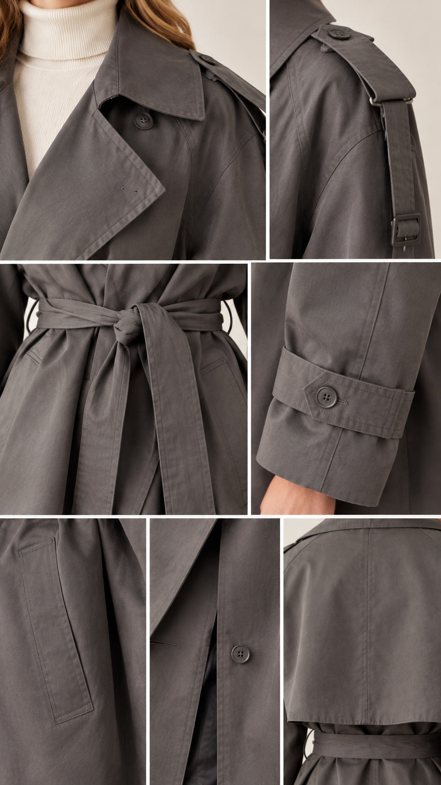 Close-up details of trench coat collar, shoulder tabs, tie belt, cuff strap, and pocket
